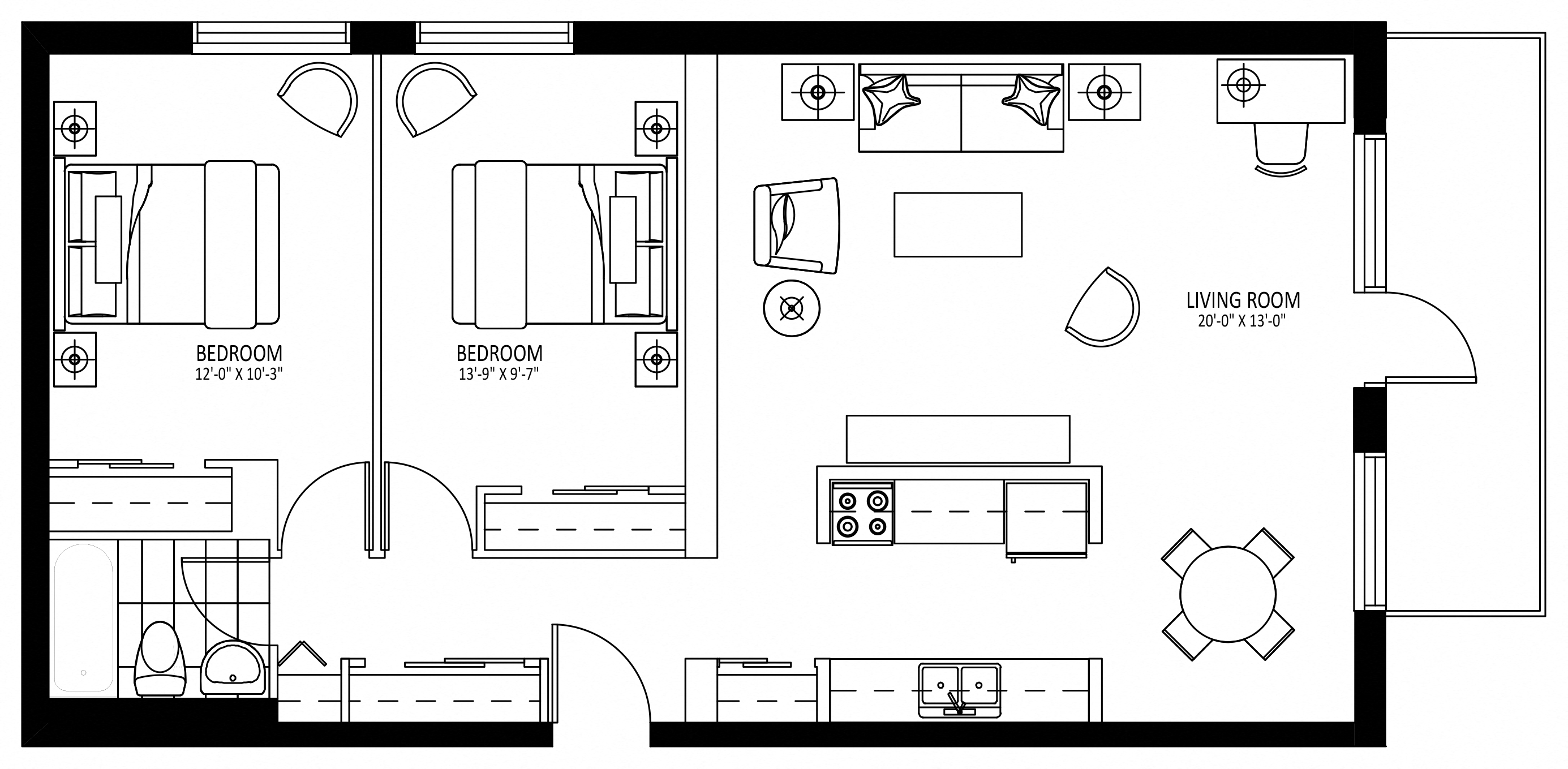 Floor plan for 2 beds, 1 bath, 965 sqft